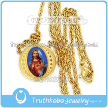 Trendy Religious Jewelry Gold Holy Heart of Jesus Medal Link Chain Wholesale Christ 316 Stainless Steel Necklace